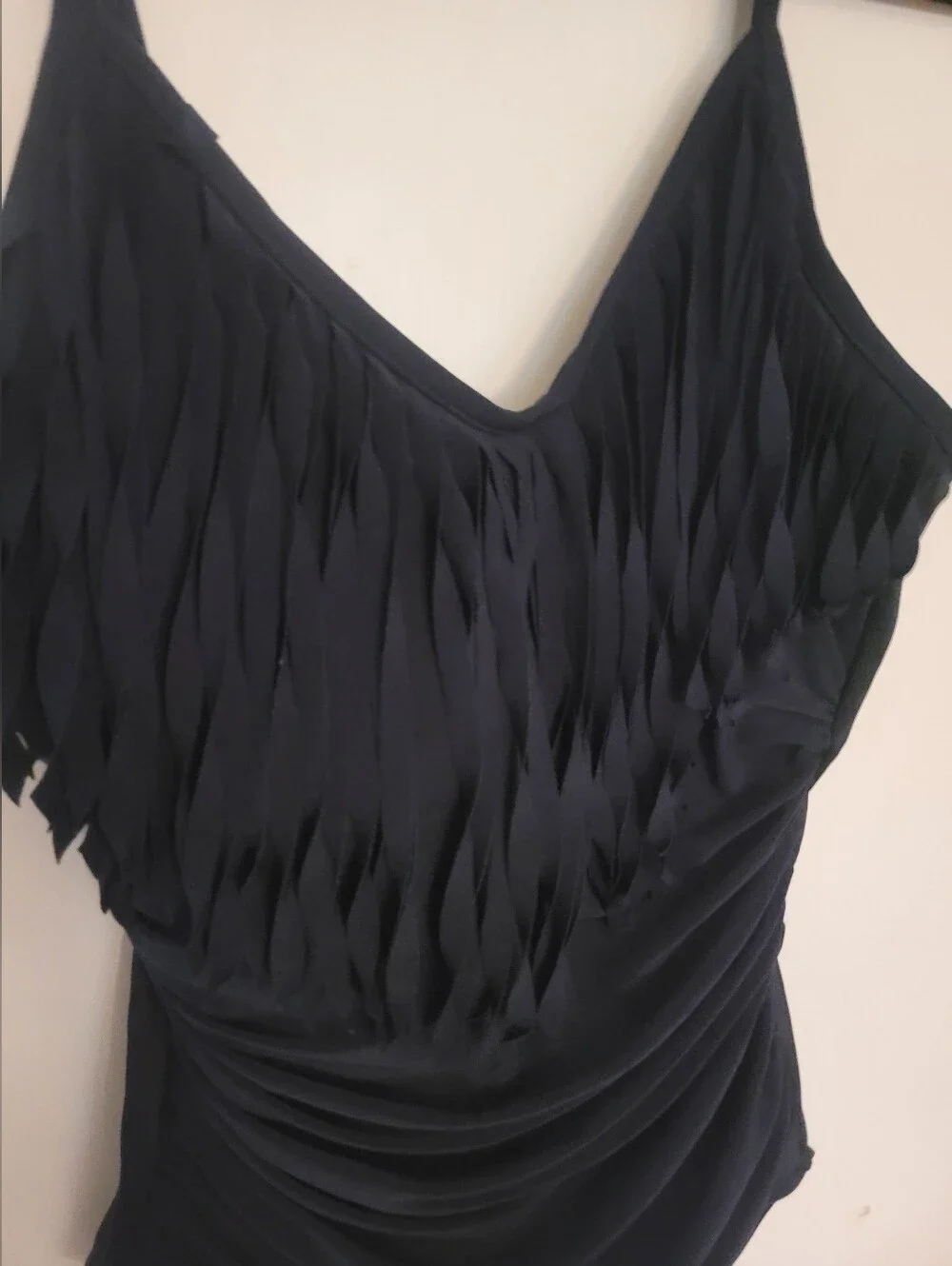 Magicsuit One Piece Swim Suit Size 12 Black With Fringe Front Ruched Slimming